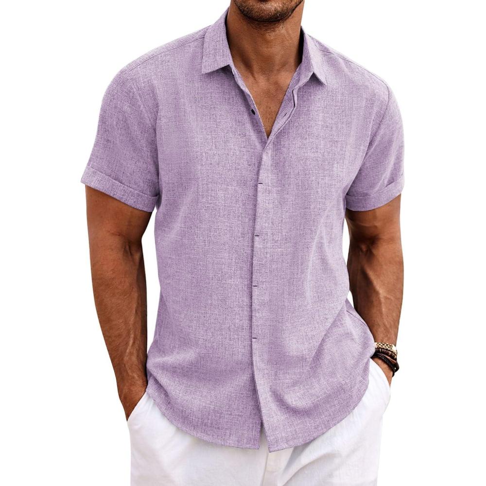 imageCOOFANDY Mens Linen Shirts Short Sleeve Casual Shirts Button Down Shirt for Men Beach Summer Wedding ShirtLavender