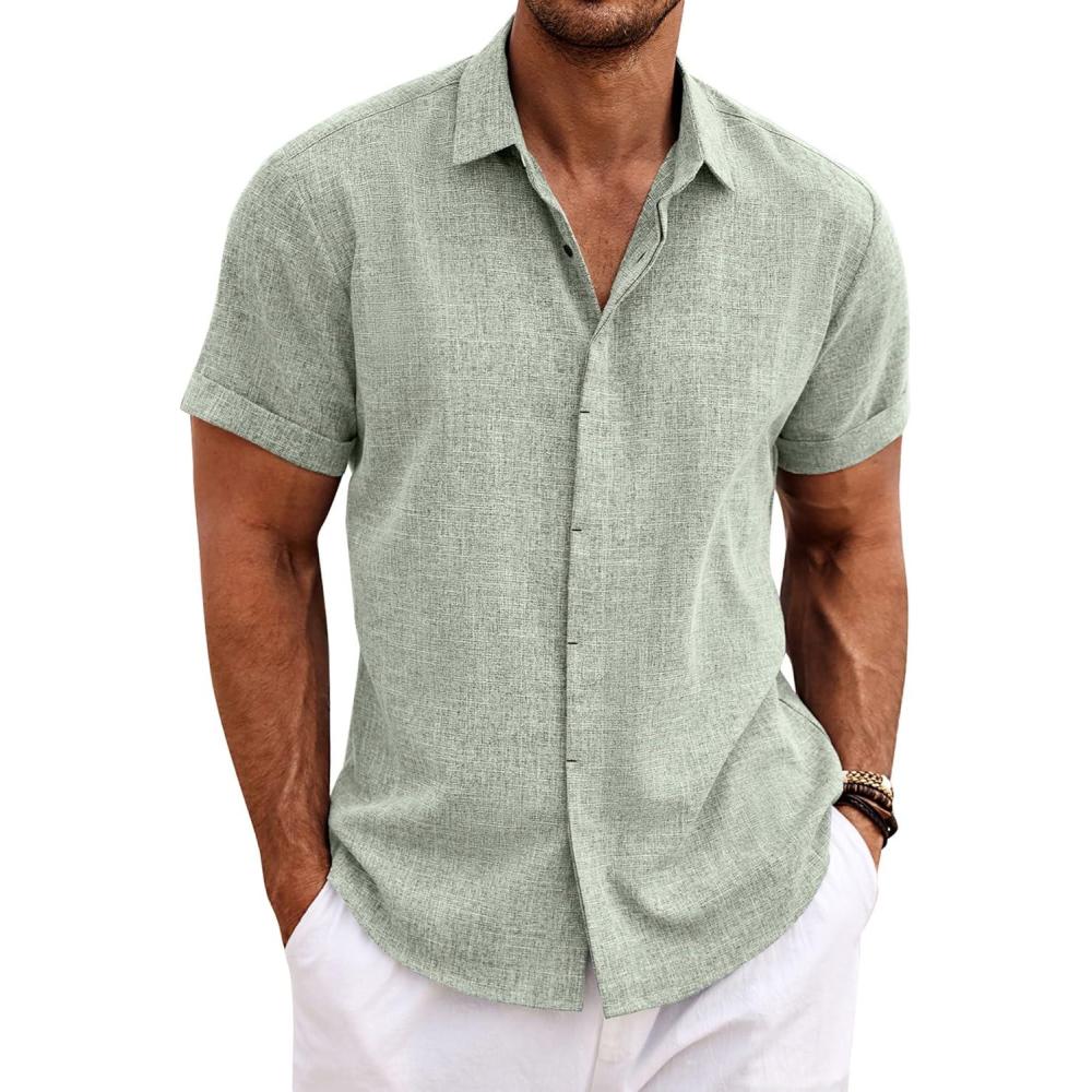 imageCOOFANDY Mens Linen Shirts Short Sleeve Casual Shirts Button Down Shirt for Men Beach Summer Wedding ShirtLight Green