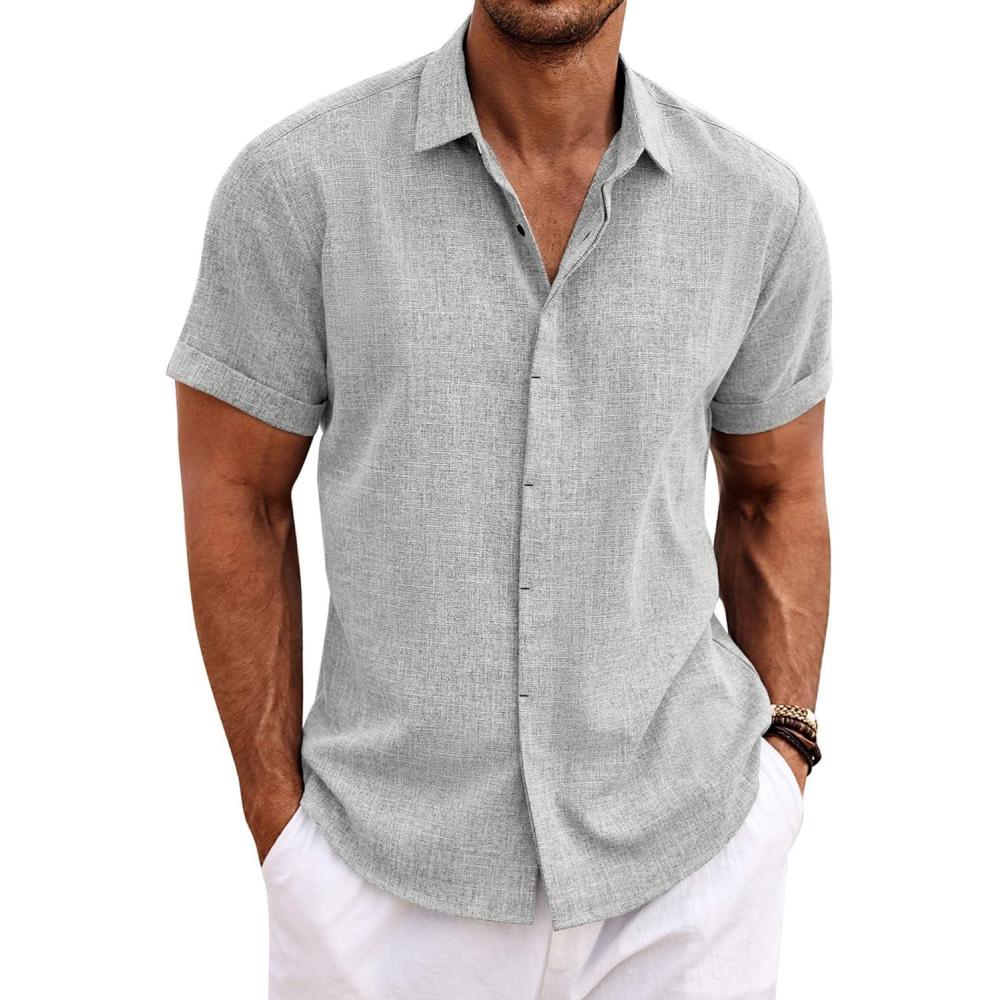 imageCOOFANDY Mens Linen Shirts Short Sleeve Casual Shirts Button Down Shirt for Men Beach Summer Wedding ShirtLight Grey