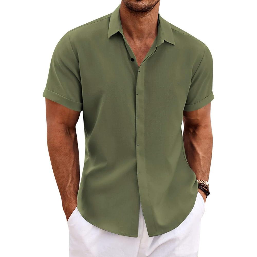 imageCOOFANDY Mens Linen Shirts Short Sleeve Casual Shirts Button Down Shirt for Men Beach Summer Wedding ShirtOlive Green