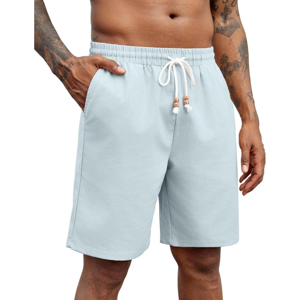imageCOOFANDY Mens Linen Shorts Casual Drawstring Elastic Waist Lightweight Summer Vacation Beach ShortsLight Blue