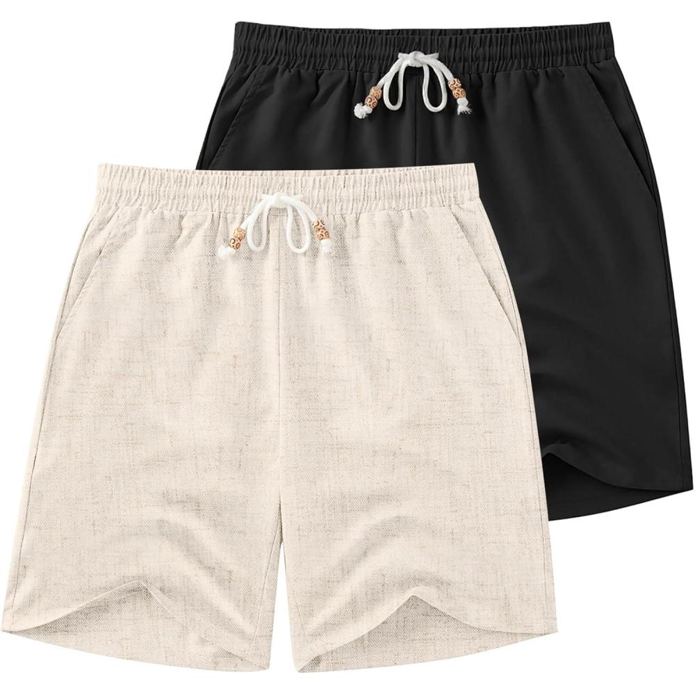 imageCOOFANDY Mens Linen Shorts Casual Drawstring Elastic Waist Lightweight Summer Vacation Beach ShortsLight Khaki Black