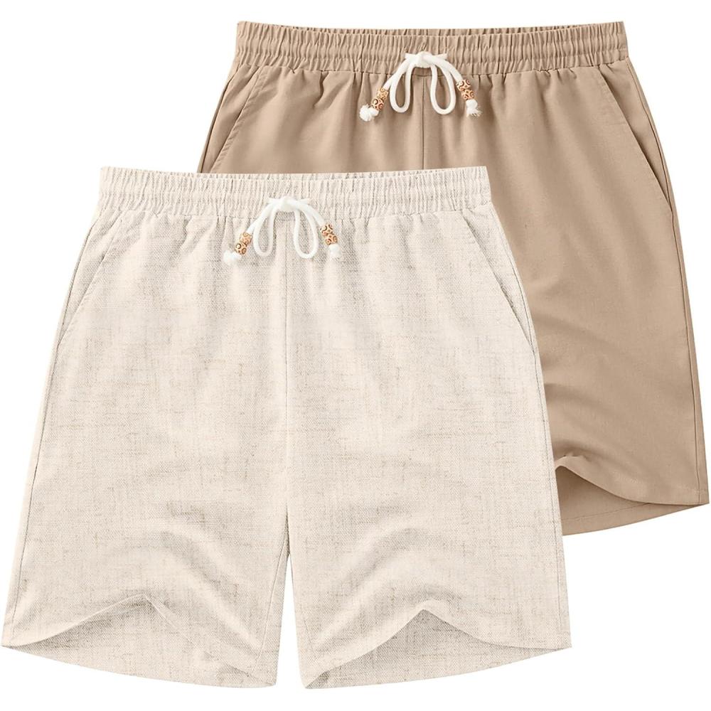 imageCOOFANDY Mens Linen Shorts Casual Drawstring Elastic Waist Lightweight Summer Vacation Beach ShortsLight Khaki Khaki