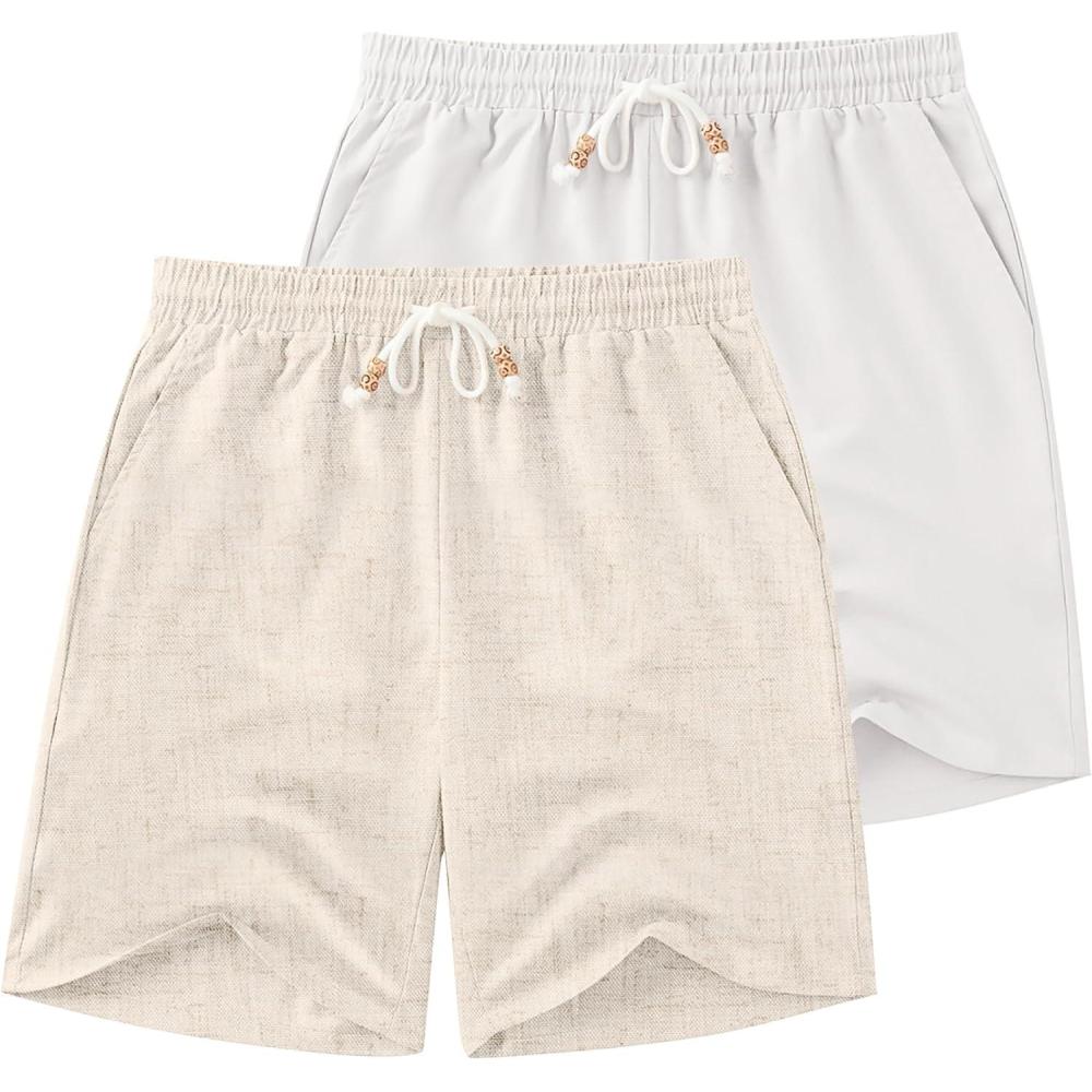imageCOOFANDY Mens Linen Shorts Casual Drawstring Elastic Waist Lightweight Summer Vacation Beach ShortsLight Khaki White