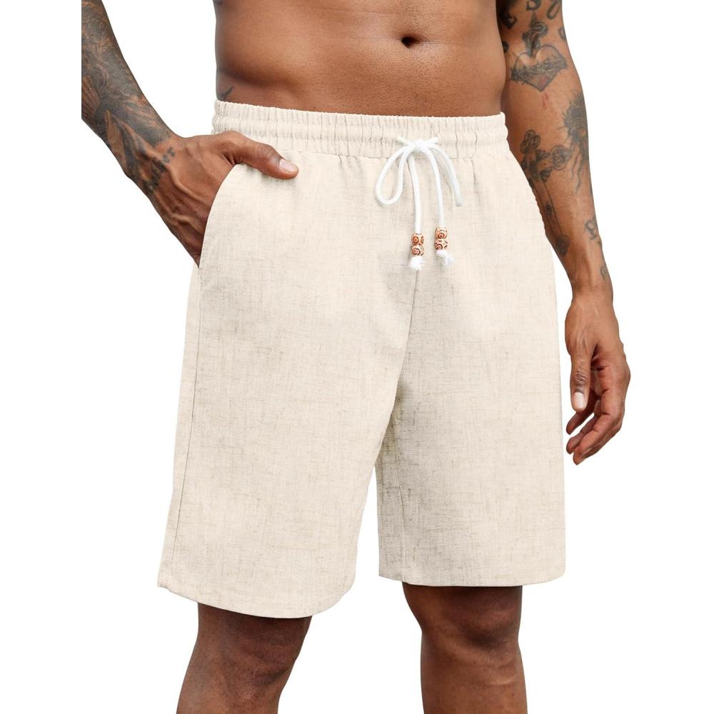 imageCOOFANDY Mens Linen Shorts Casual Drawstring Elastic Waist Lightweight Summer Vacation Beach ShortsLight Khaki