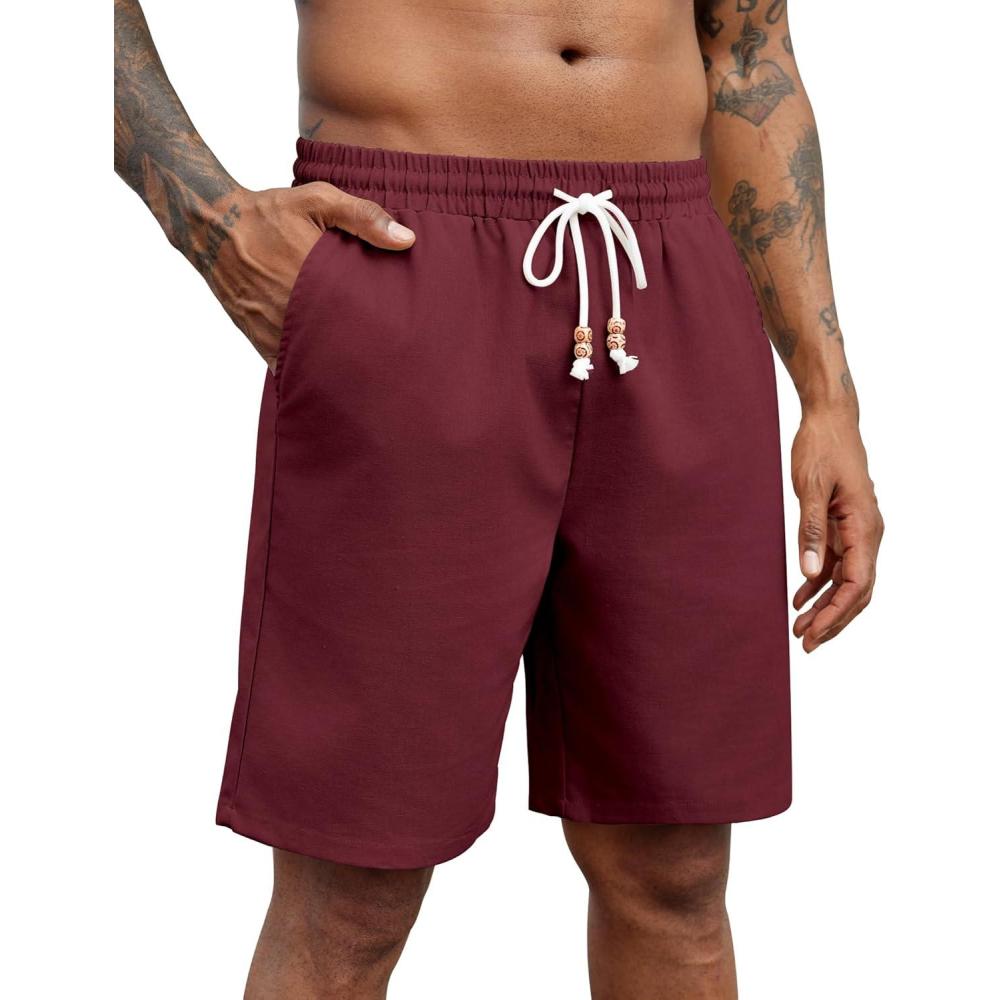 imageCOOFANDY Mens Linen Shorts Casual Drawstring Elastic Waist Lightweight Summer Vacation Beach ShortsWine Red