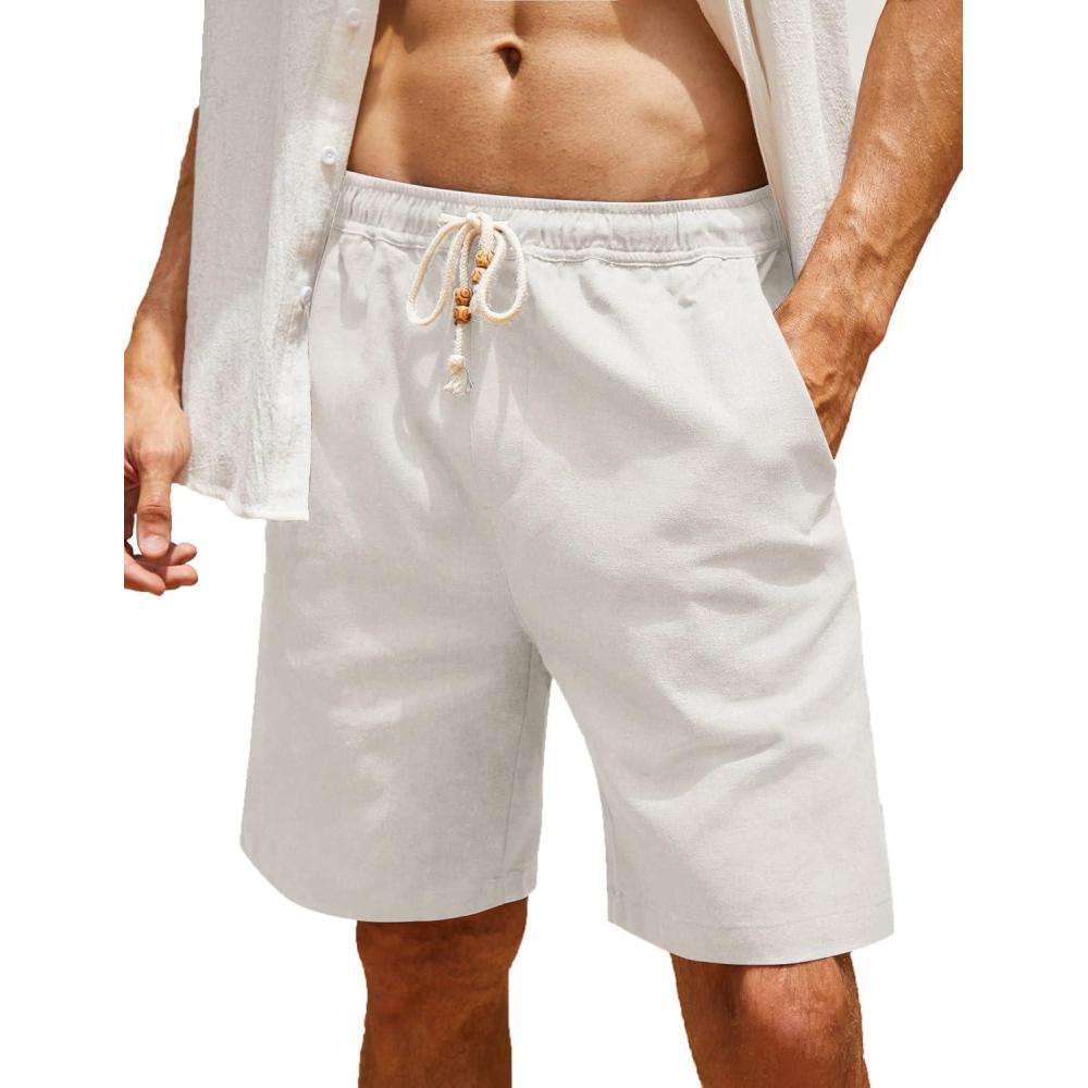 imageCOOFANDY Mens Linen Shorts Casual Elastic Waist Drawstring Summer Beach Shorts1 White