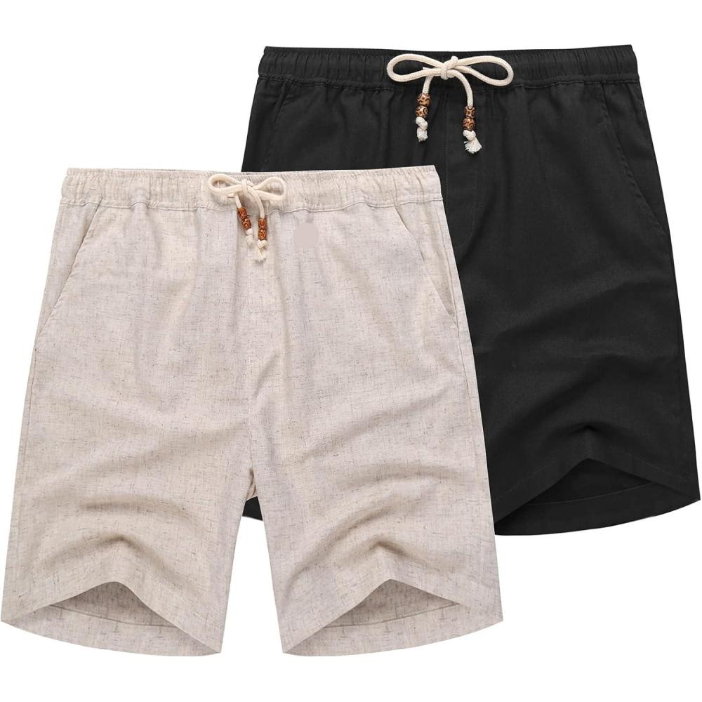imageCOOFANDY Mens Linen Shorts Casual Elastic Waist Drawstring Summer Beach Shorts2 Black Khaki