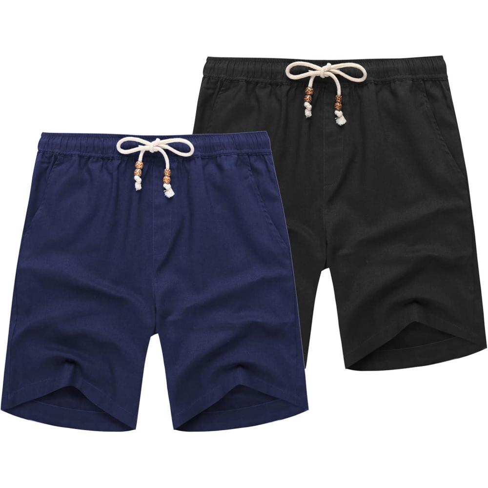 imageCOOFANDY Mens Linen Shorts Casual Elastic Waist Drawstring Summer Beach ShortsBlack  Navy Blue