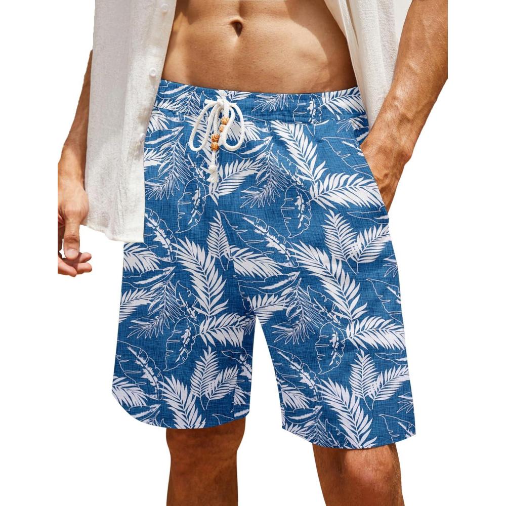 imageCOOFANDY Mens Linen Shorts Casual Elastic Waist Drawstring Summer Beach ShortsBlue Palm Leaf
