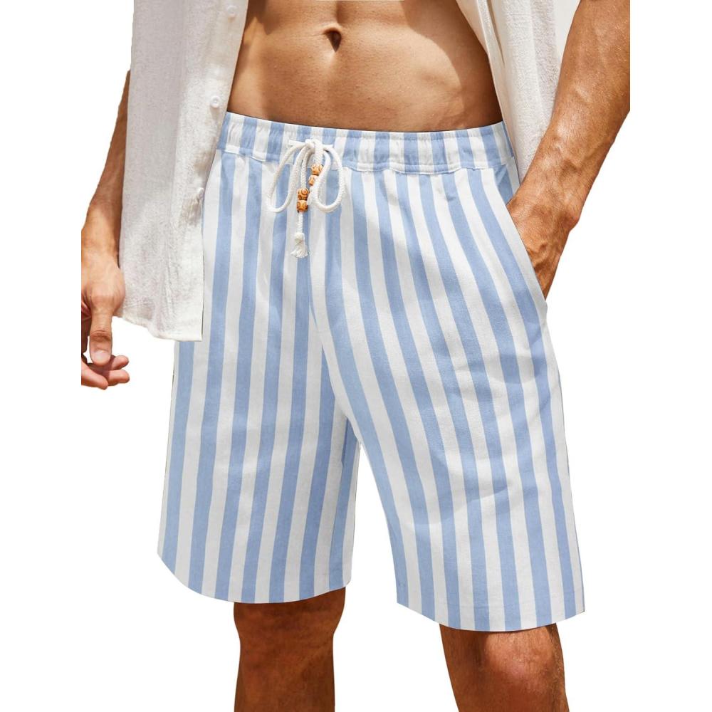 imageCOOFANDY Mens Linen Shorts Casual Elastic Waist Drawstring Summer Beach ShortsBlue Stripe