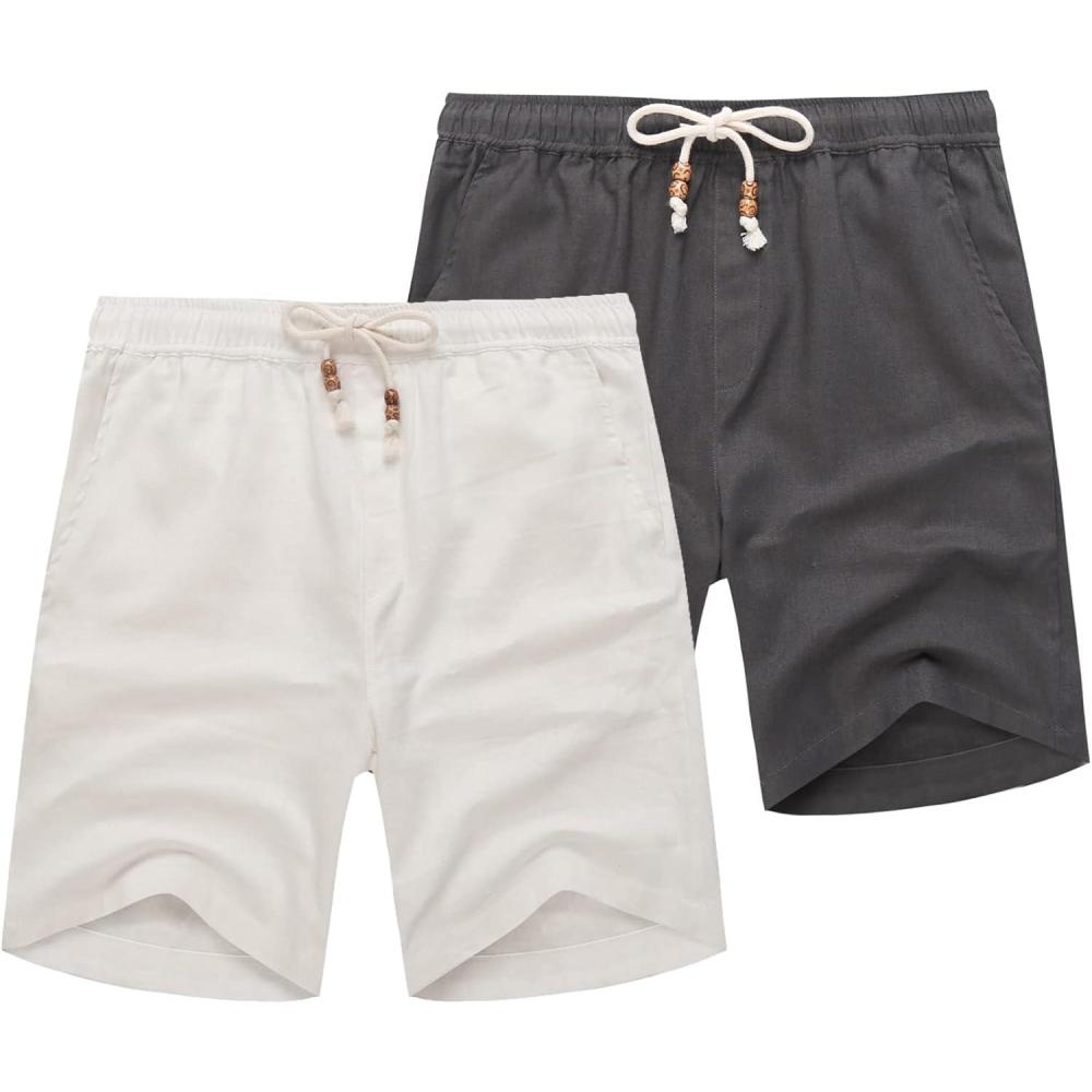 imageCOOFANDY Mens Linen Shorts Casual Elastic Waist Drawstring Summer Beach ShortsDark Grey  White