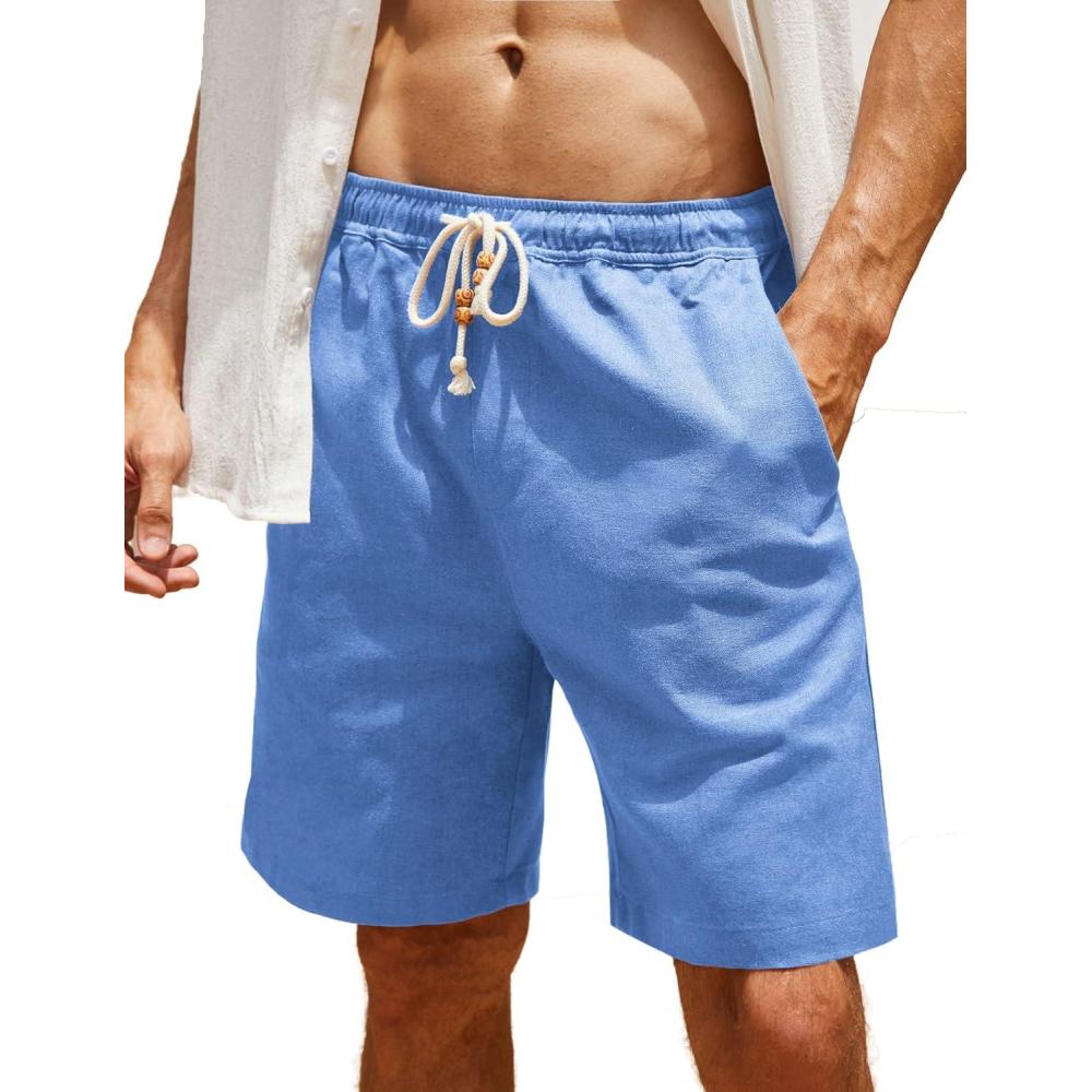 imageCOOFANDY Mens Linen Shorts Casual Elastic Waist Drawstring Summer Beach ShortsDenim Blue