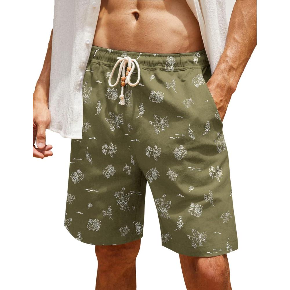 imageCOOFANDY Mens Linen Shorts Casual Elastic Waist Drawstring Summer Beach ShortsGreen Palm