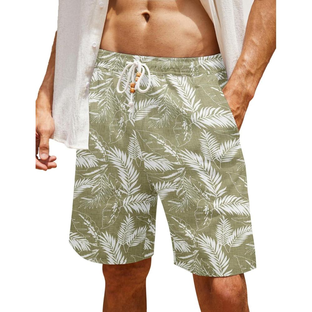 imageCOOFANDY Mens Linen Shorts Casual Elastic Waist Drawstring Summer Beach ShortsGreen Palm Leaf