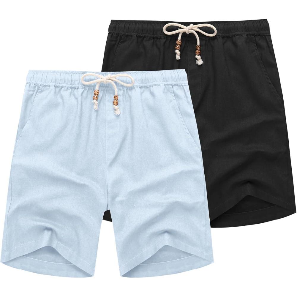 imageCOOFANDY Mens Linen Shorts Casual Elastic Waist Drawstring Summer Beach ShortsLight Blue Black