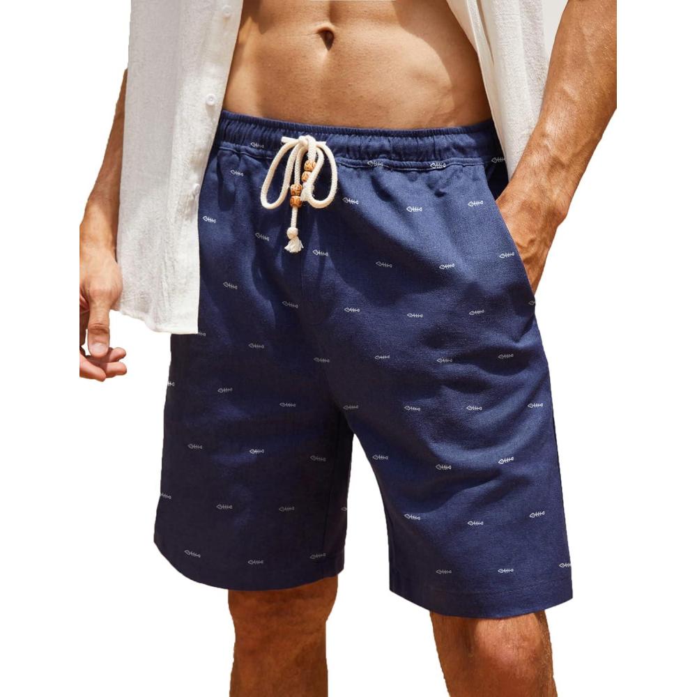 imageCOOFANDY Mens Linen Shorts Casual Elastic Waist Drawstring Summer Beach ShortsNavy Blue Fish Bone