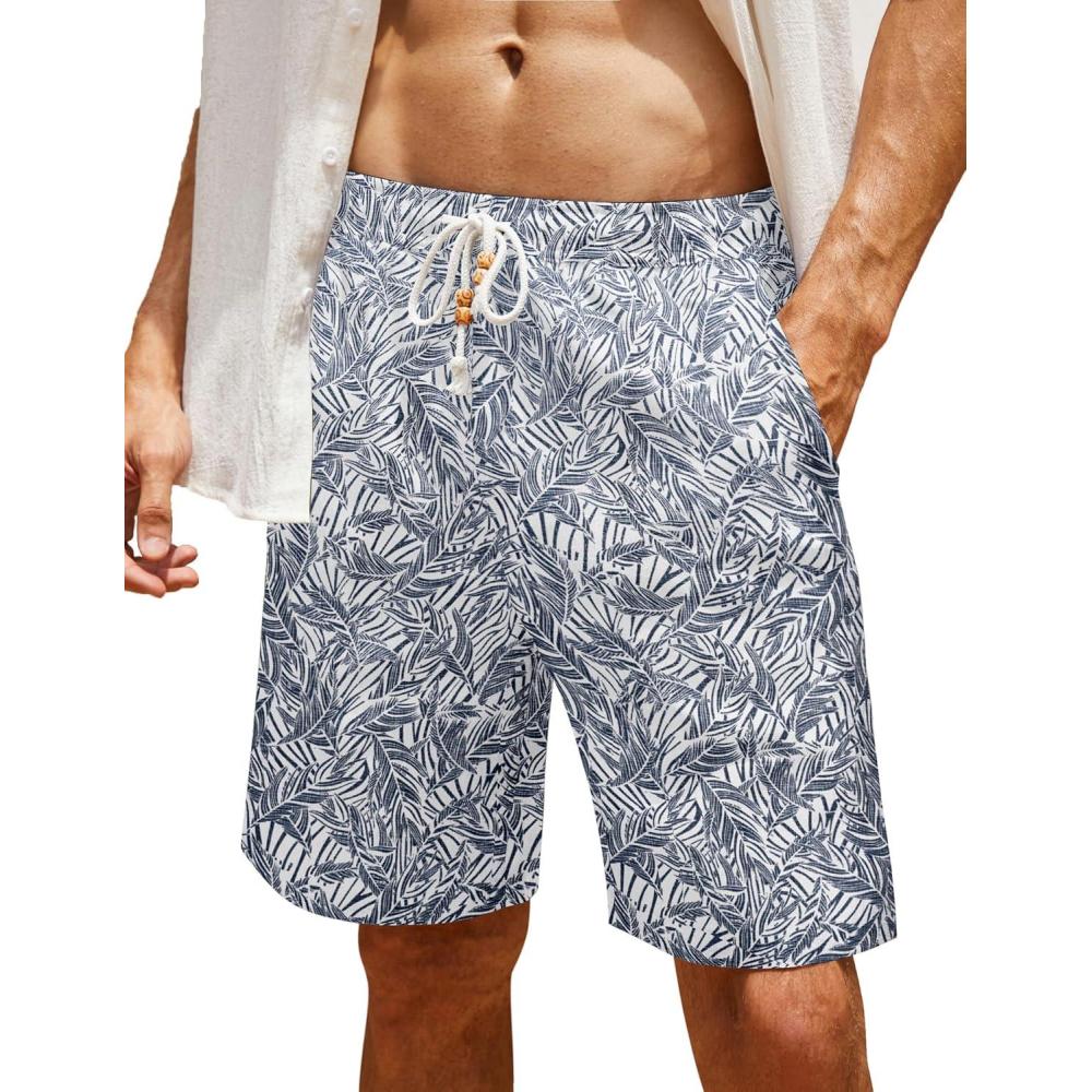 imageCOOFANDY Mens Linen Shorts Casual Elastic Waist Drawstring Summer Beach ShortsNavy Leaf