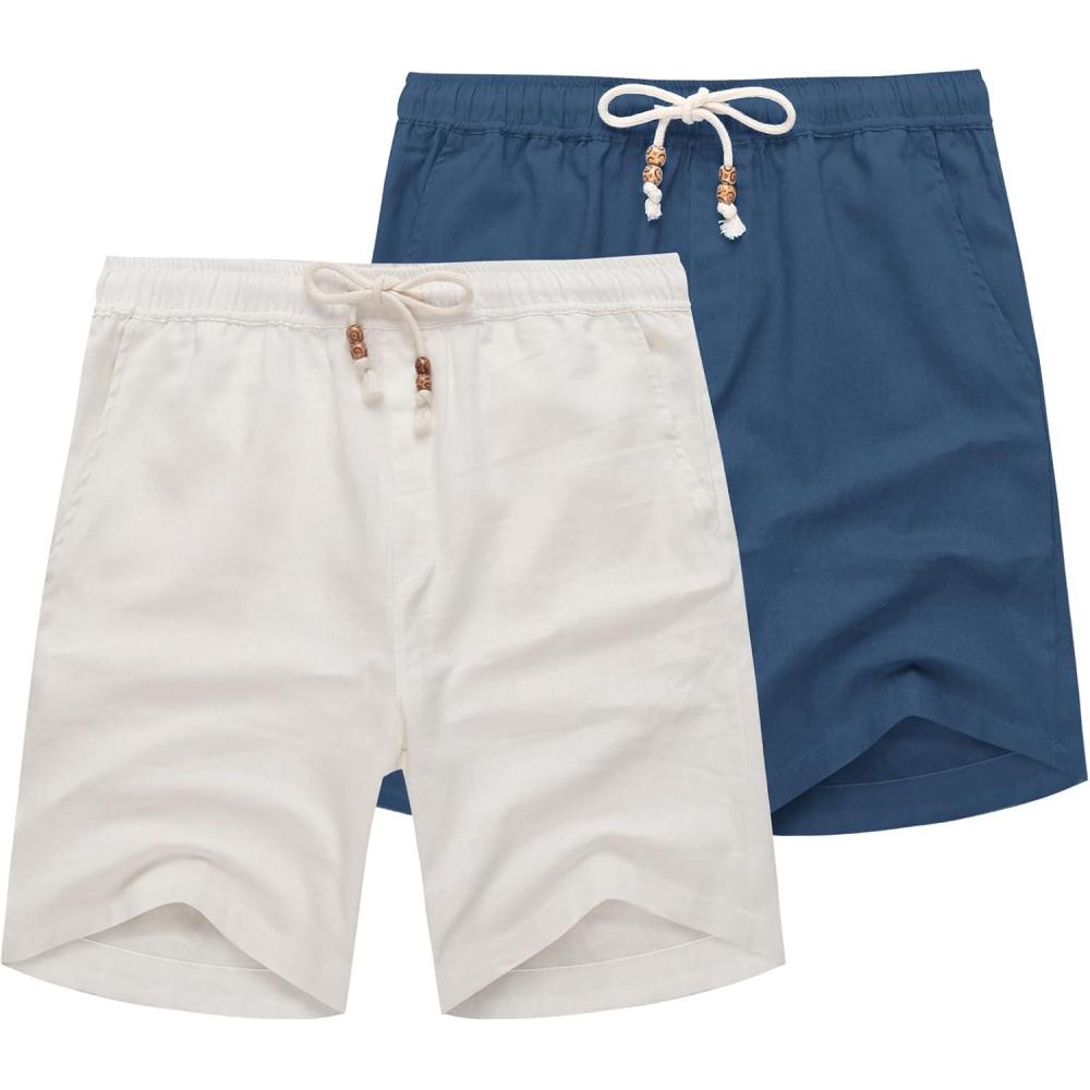 imageCOOFANDY Mens Linen Shorts Casual Elastic Waist Drawstring Summer Beach ShortsWhite  Navy Blue