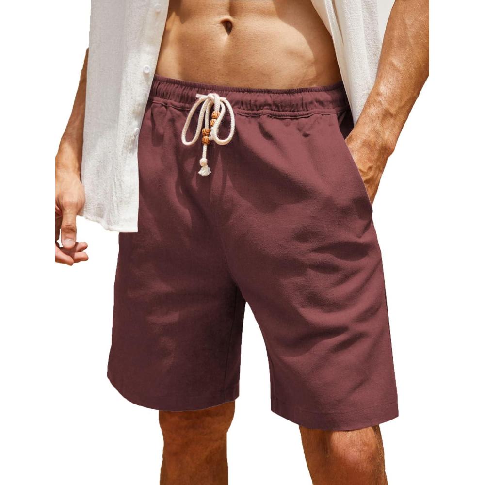 imageCOOFANDY Mens Linen Shorts Casual Elastic Waist Drawstring Summer Beach ShortsWine Red