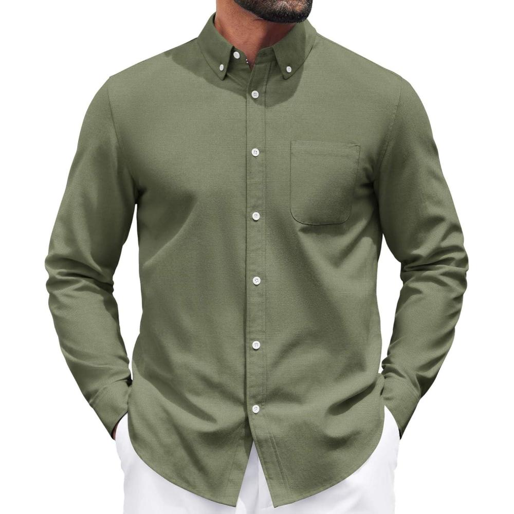 imageCOOFANDY Mens Long Sleeve Button Down Shirt Casual Untucked Shirts for Men Oxford Dress ShirtsArmy Green
