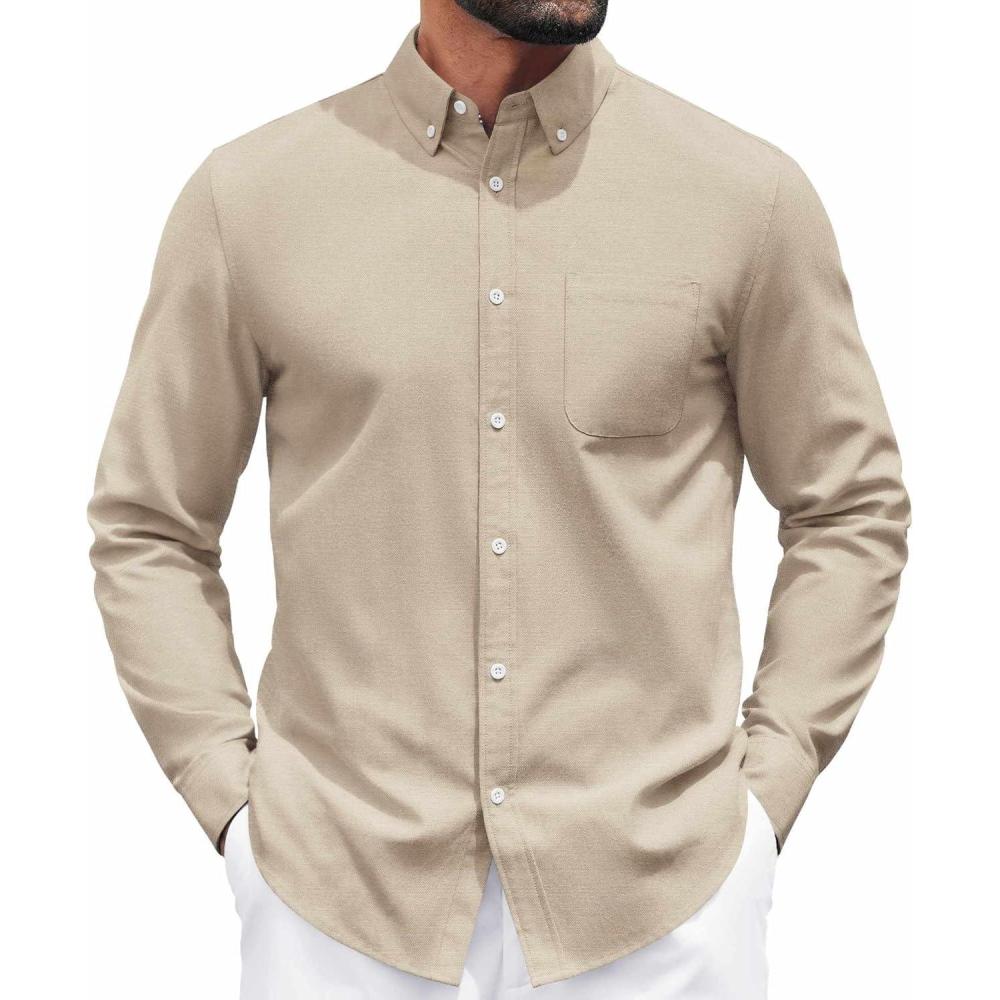imageCOOFANDY Mens Long Sleeve Button Down Shirt Casual Untucked Shirts for Men Oxford Dress ShirtsLight Khaki