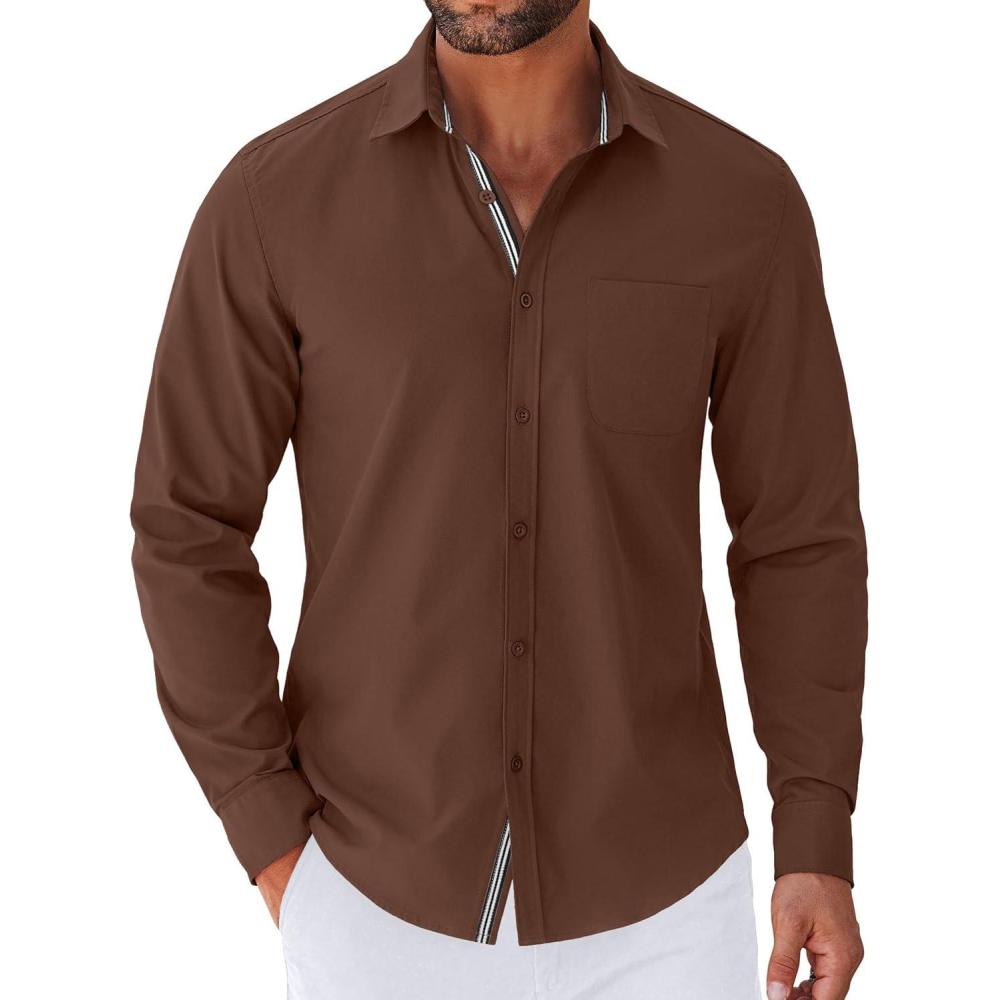 imageCOOFANDY Mens Long Sleeve Casual Button Down Shirts Untucked Shirts for Men Regular Fit Dress ShirtBrown