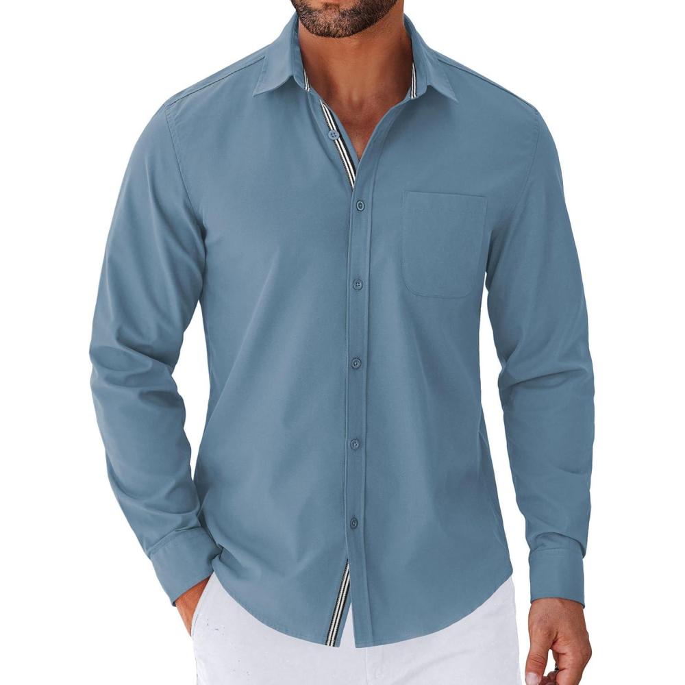 imageCOOFANDY Mens Long Sleeve Casual Button Down Shirts Untucked Shirts for Men Regular Fit Dress ShirtGrey Blue