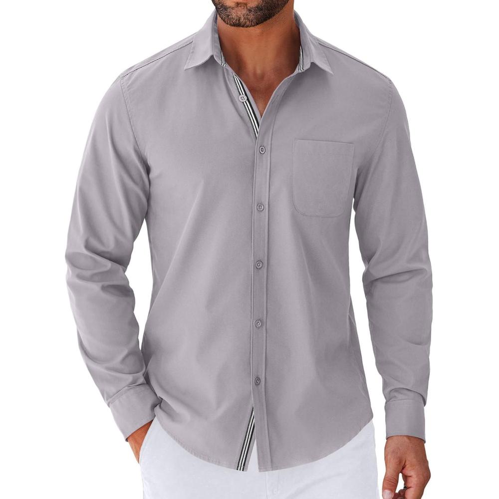 imageCOOFANDY Mens Long Sleeve Casual Button Down Shirts Untucked Shirts for Men Regular Fit Dress ShirtLight Grey
