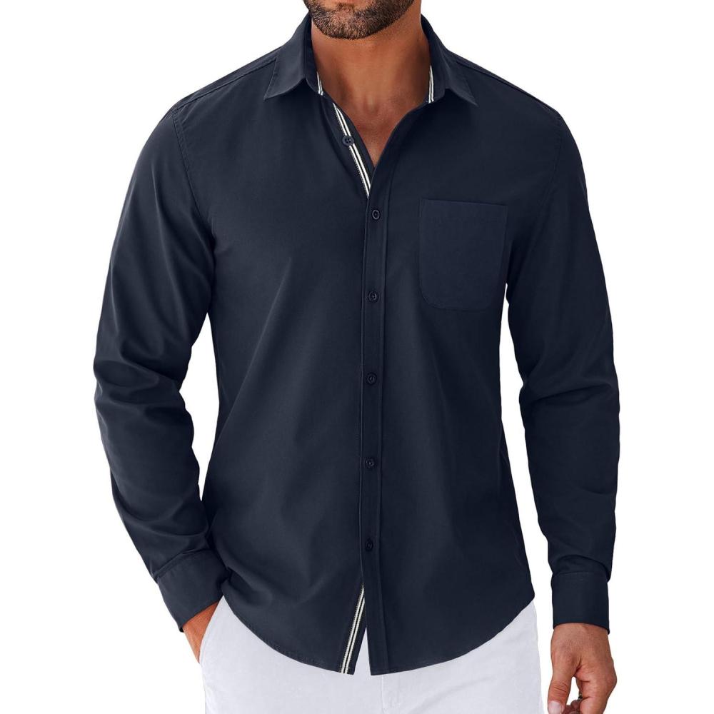 imageCOOFANDY Mens Long Sleeve Casual Button Down Shirts Untucked Shirts for Men Regular Fit Dress ShirtNavy Blue