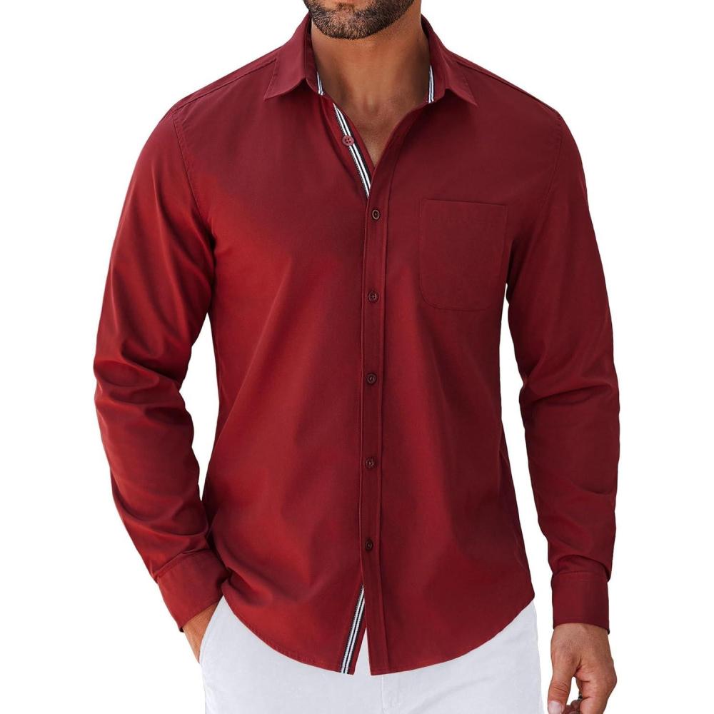 imageCOOFANDY Mens Long Sleeve Casual Button Down Shirts Untucked Shirts for Men Regular Fit Dress ShirtWine Red