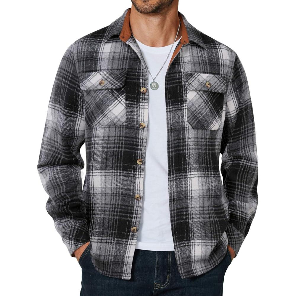imageCOOFANDY Mens Long Sleeve Flannel Shirts Jacket Fashion Plaid Jackets Casual Button Down Shirt with PocketsBlack