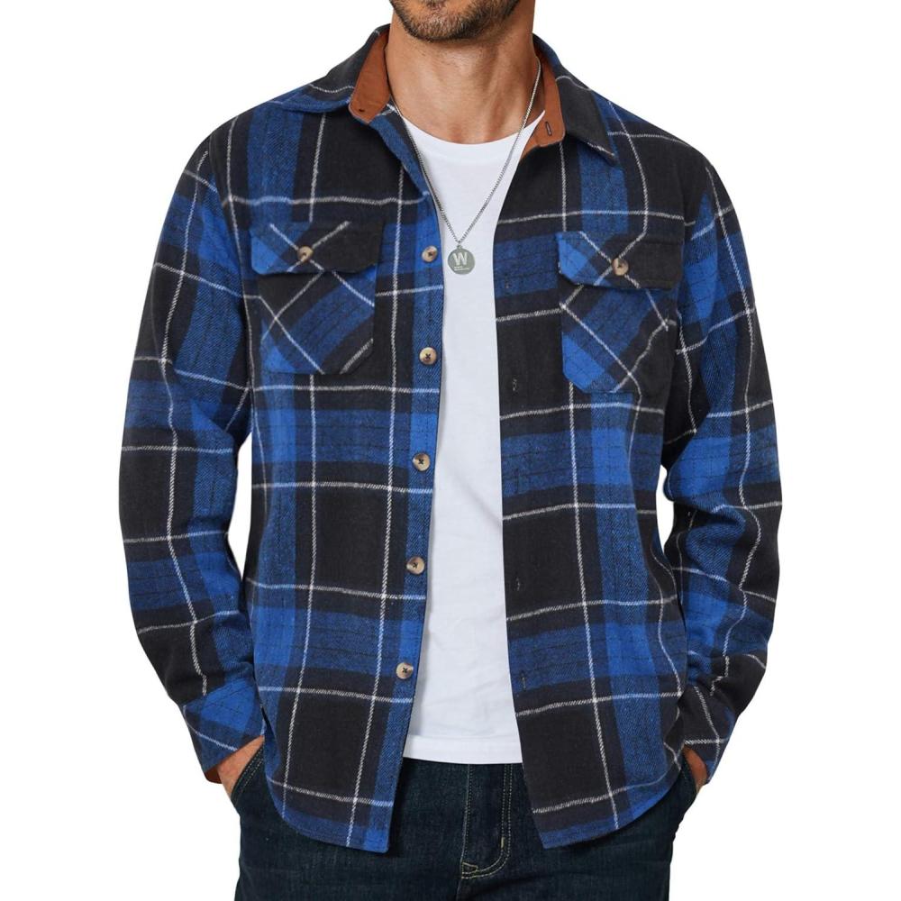 imageCOOFANDY Mens Long Sleeve Flannel Shirts Jacket Fashion Plaid Jackets Casual Button Down Shirt with PocketsBlack Blue