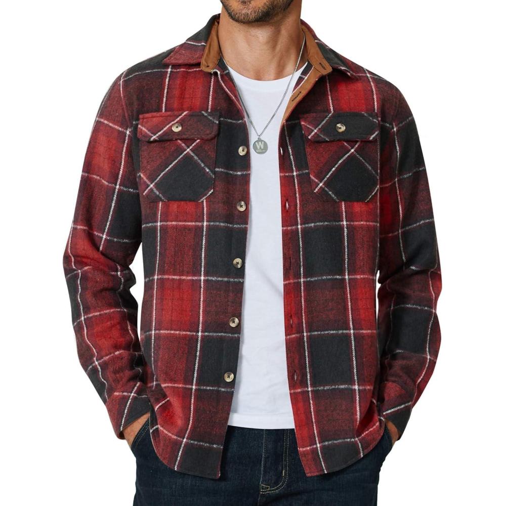 imageCOOFANDY Mens Long Sleeve Flannel Shirts Jacket Fashion Plaid Jackets Casual Button Down Shirt with PocketsBlack Red