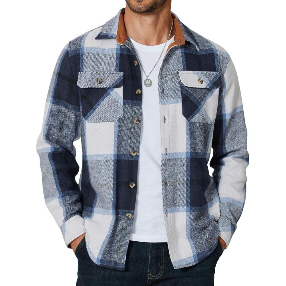 imageCOOFANDY Mens Long Sleeve Flannel Shirts Jacket Fashion Plaid Jackets Casual Button Down Shirt with PocketsBlue