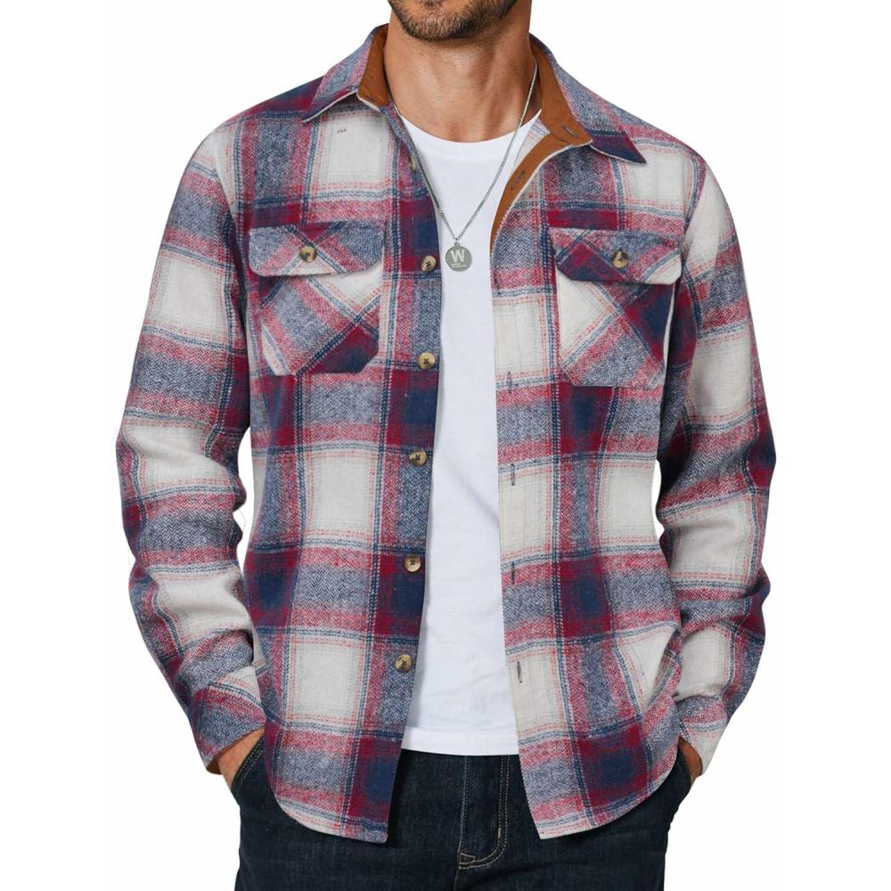 imageCOOFANDY Mens Long Sleeve Flannel Shirts Jacket Fashion Plaid Jackets Casual Button Down Shirt with PocketsBlue Redline
