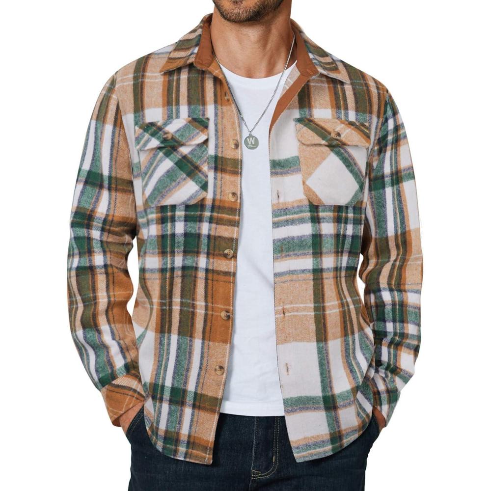 imageCOOFANDY Mens Long Sleeve Flannel Shirts Jacket Fashion Plaid Jackets Casual Button Down Shirt with PocketsGreen