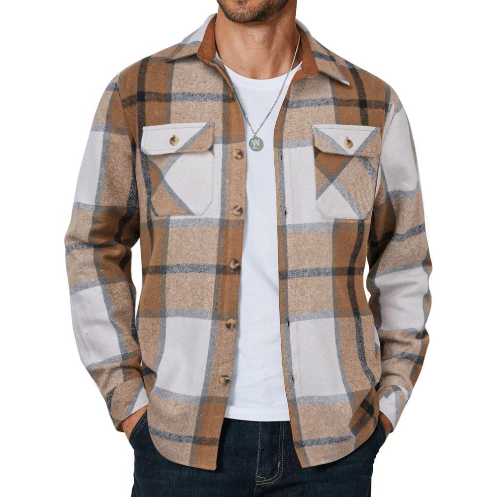 imageCOOFANDY Mens Long Sleeve Flannel Shirts Jacket Fashion Plaid Jackets Casual Button Down Shirt with PocketsKhaki