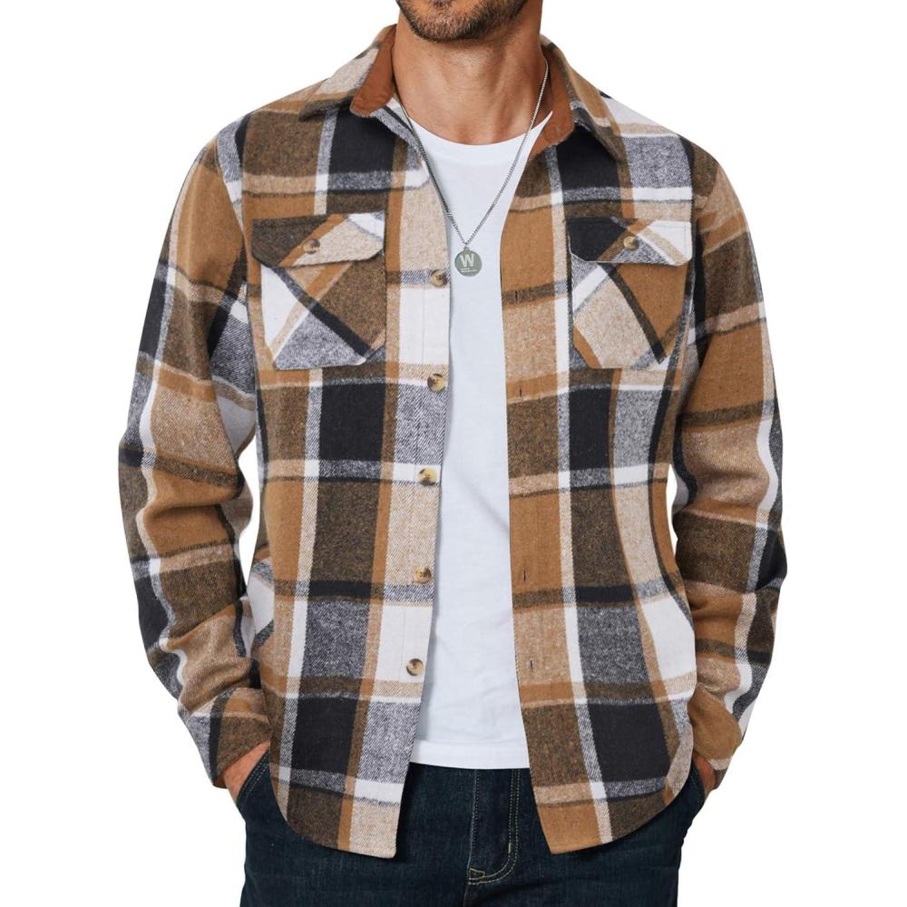imageCOOFANDY Mens Long Sleeve Flannel Shirts Jacket Fashion Plaid Jackets Casual Button Down Shirt with PocketsKhakiblack