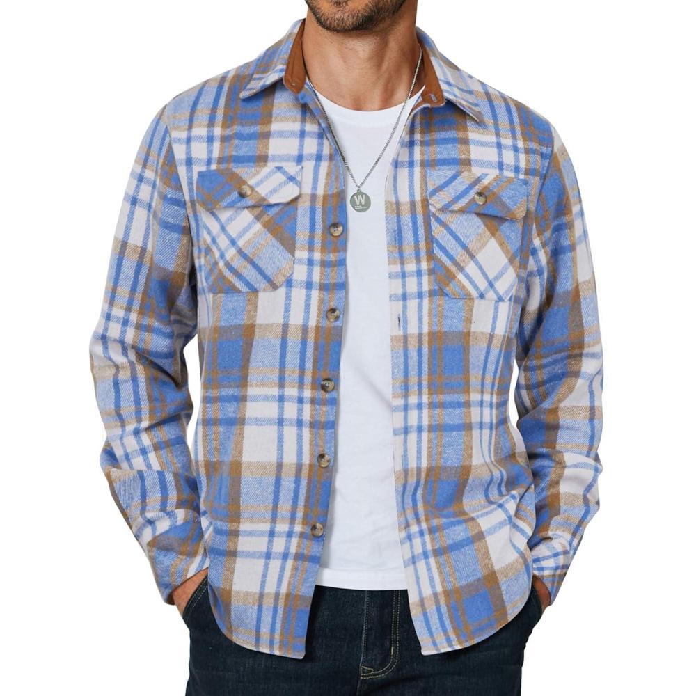imageCOOFANDY Mens Long Sleeve Flannel Shirts Jacket Fashion Plaid Jackets Casual Button Down Shirt with PocketsLight Blue