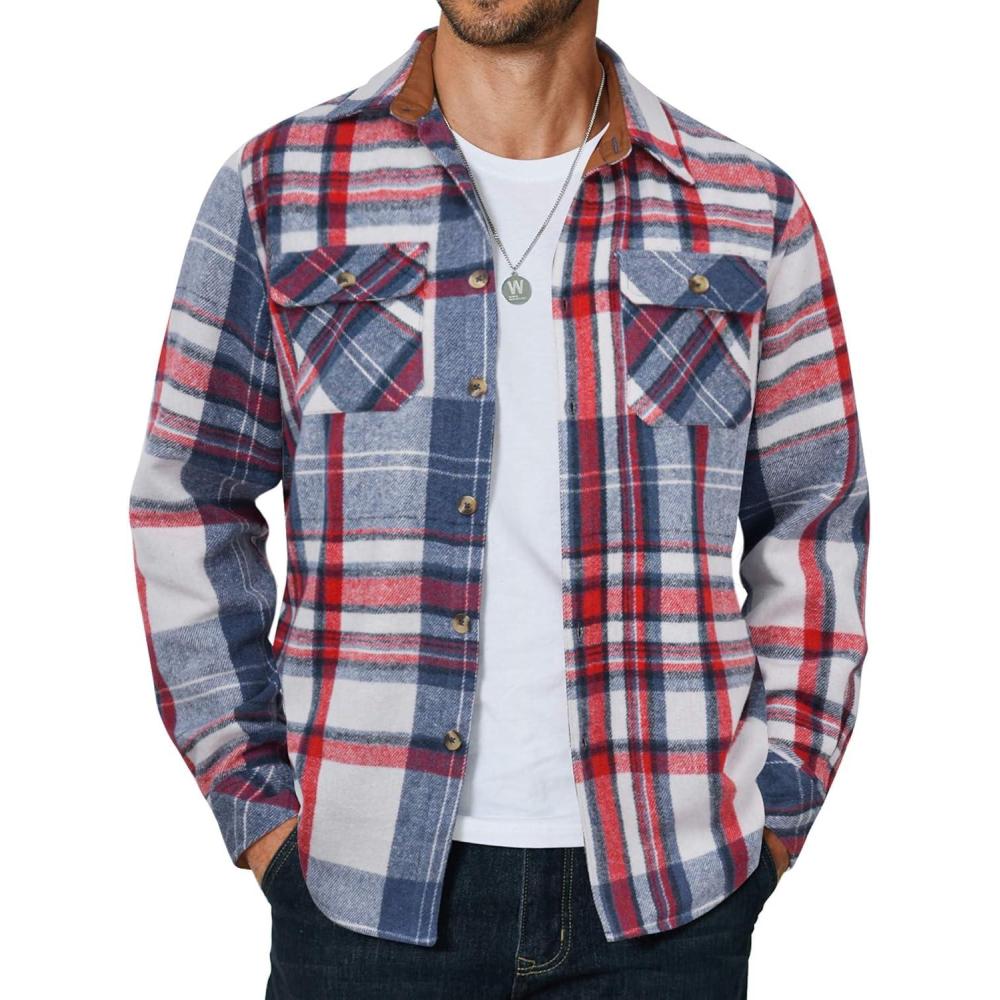 imageCOOFANDY Mens Long Sleeve Flannel Shirts Jacket Fashion Plaid Jackets Casual Button Down Shirt with PocketsRed Blue