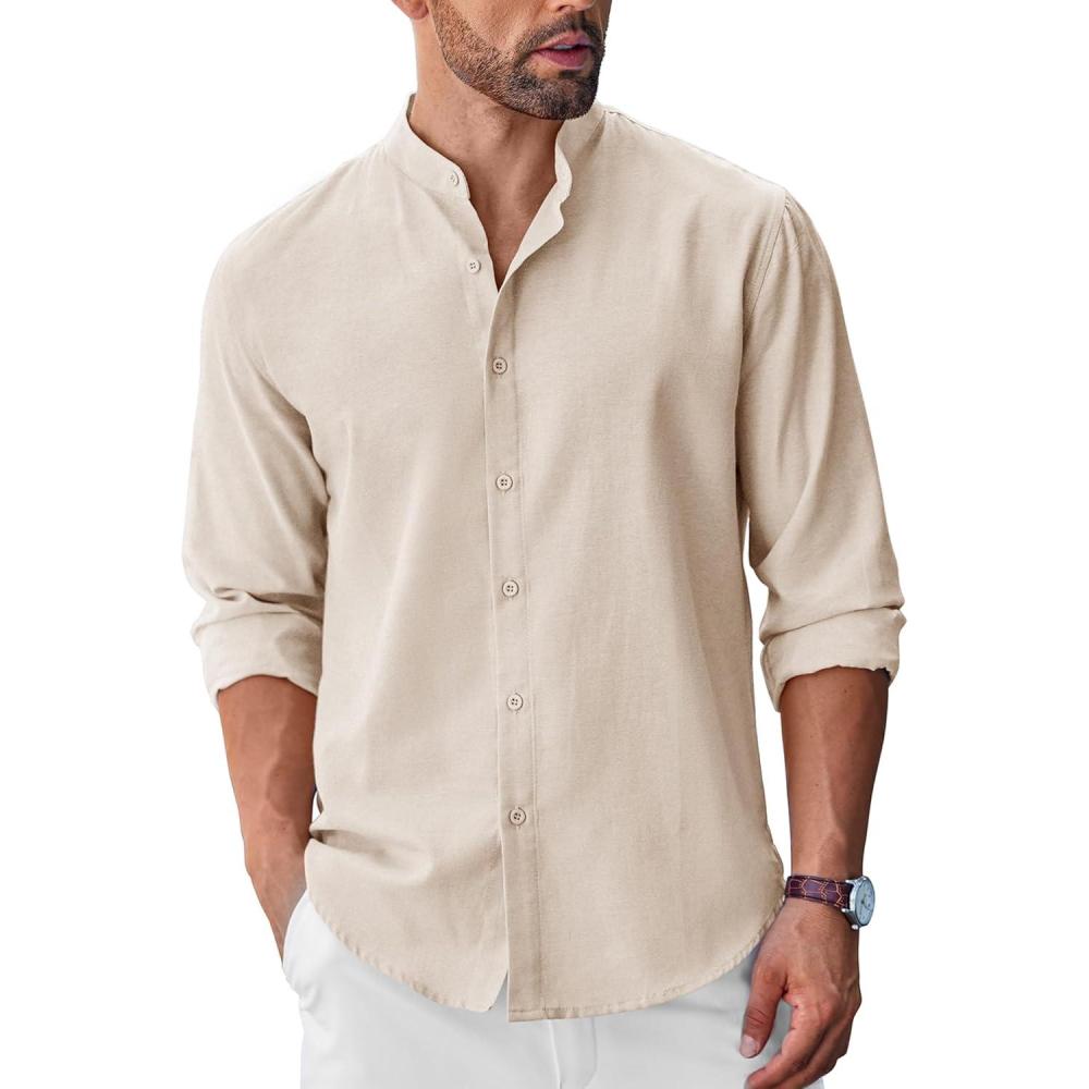 imageCOOFANDY Mens Long Sleeve Oxford Dress Shirts Chambray Button Down Shirt Casual Band Collar ShirtsBeige