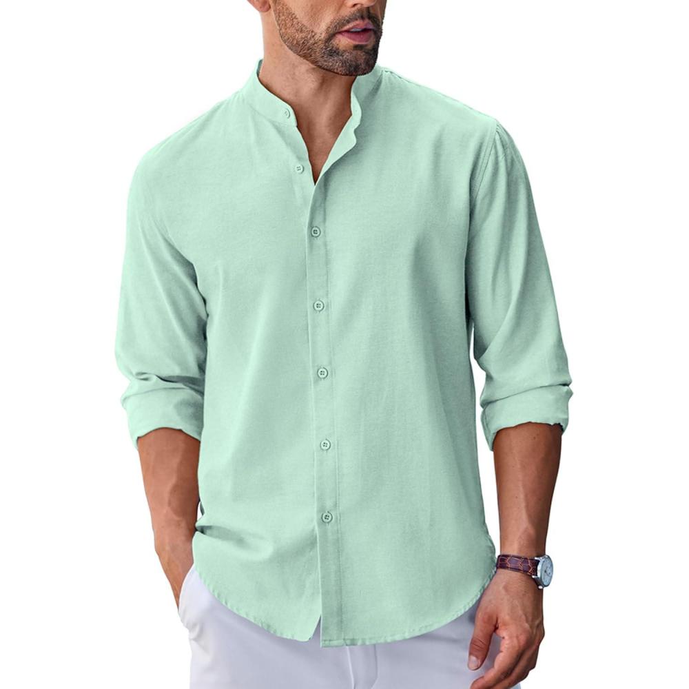 imageCOOFANDY Mens Long Sleeve Oxford Dress Shirts Chambray Button Down Shirt Casual Band Collar ShirtsIce Green