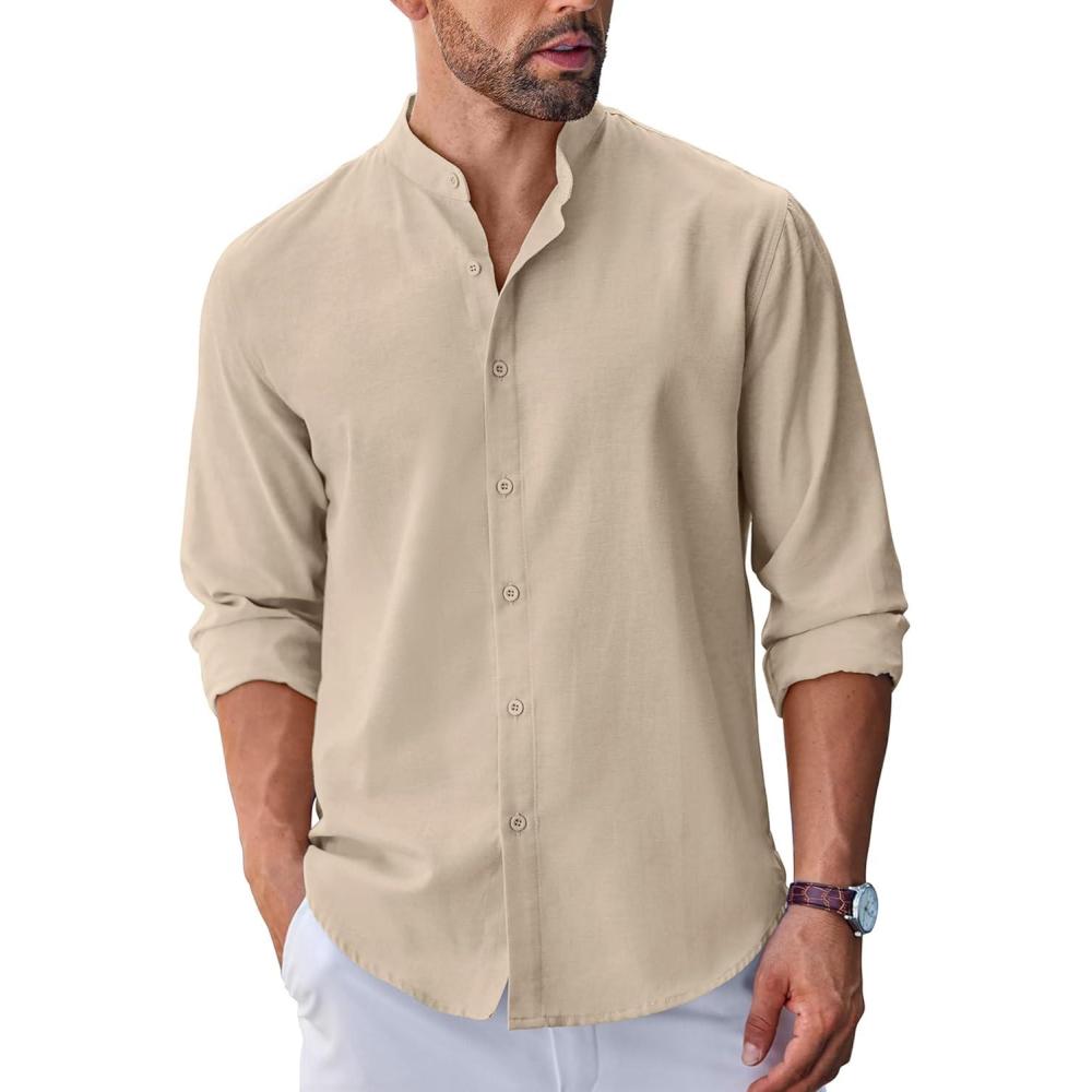 imageCOOFANDY Mens Long Sleeve Oxford Dress Shirts Chambray Button Down Shirt Casual Band Collar ShirtsKhaki