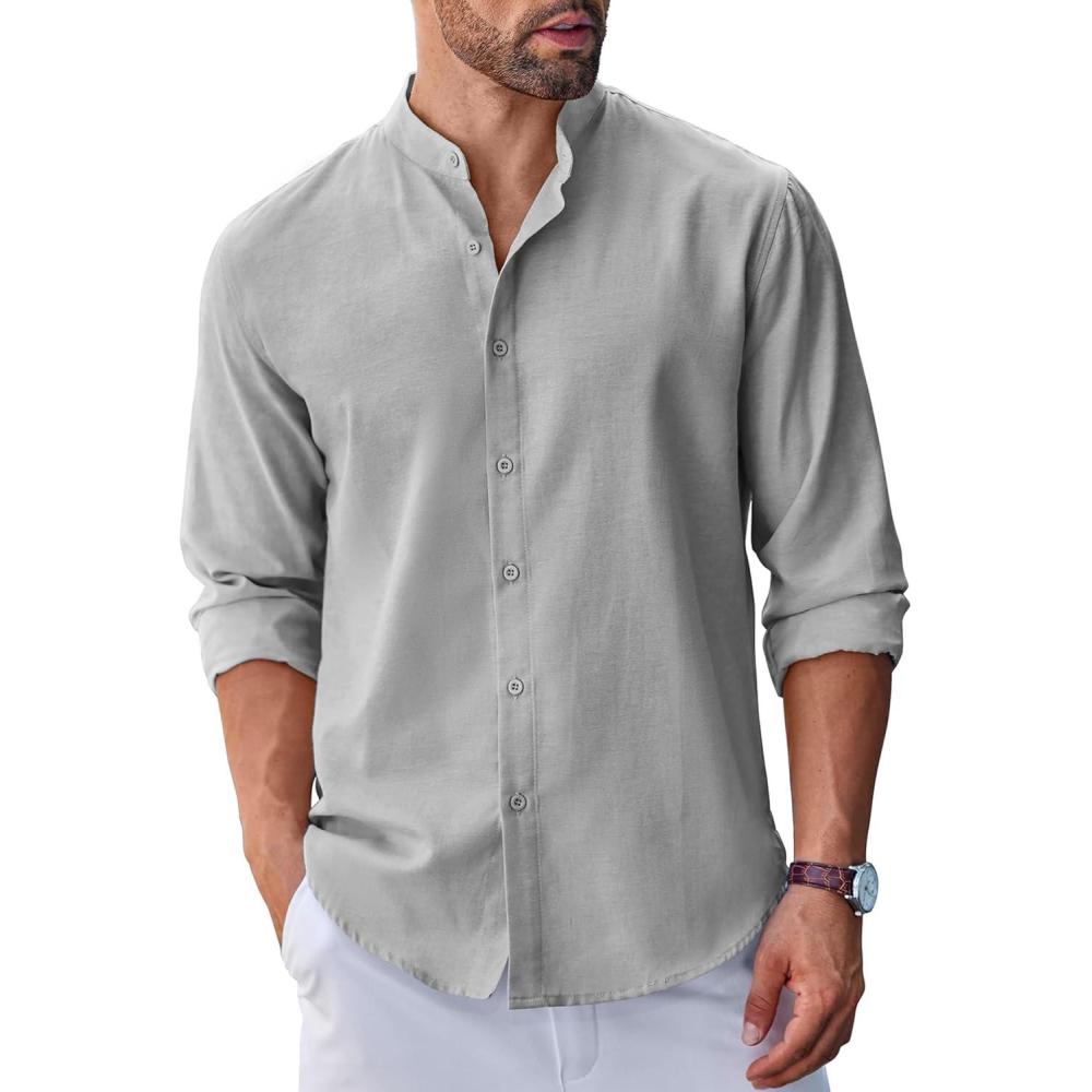 imageCOOFANDY Mens Long Sleeve Oxford Dress Shirts Chambray Button Down Shirt Casual Band Collar ShirtsLight Grey