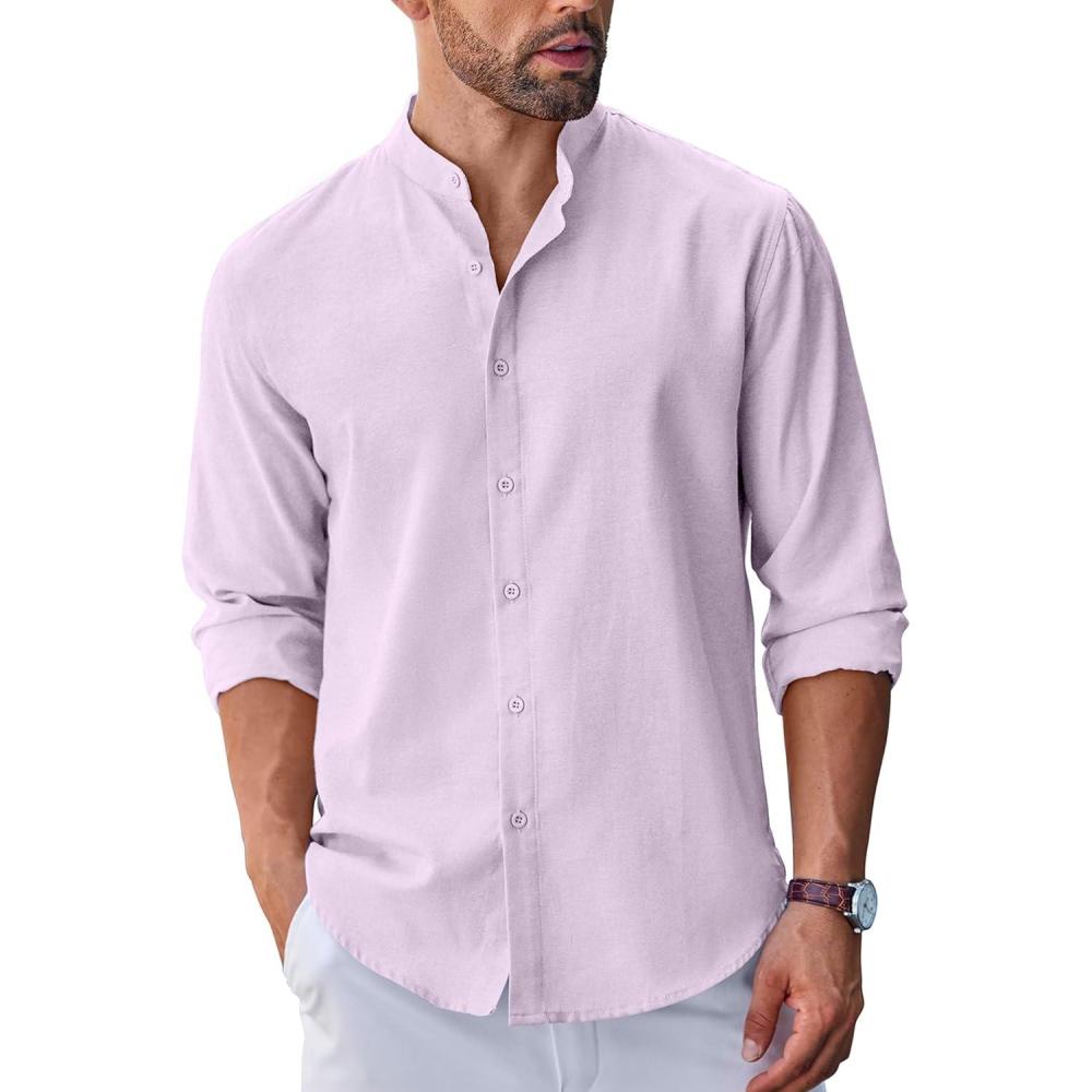 imageCOOFANDY Mens Long Sleeve Oxford Dress Shirts Chambray Button Down Shirt Casual Band Collar ShirtsLight Purple