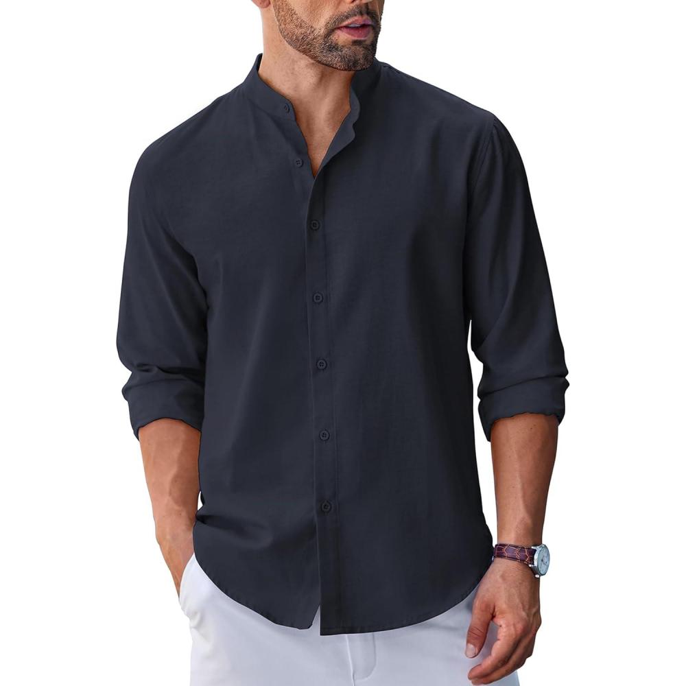 imageCOOFANDY Mens Long Sleeve Oxford Dress Shirts Chambray Button Down Shirt Casual Band Collar ShirtsNavy Blue