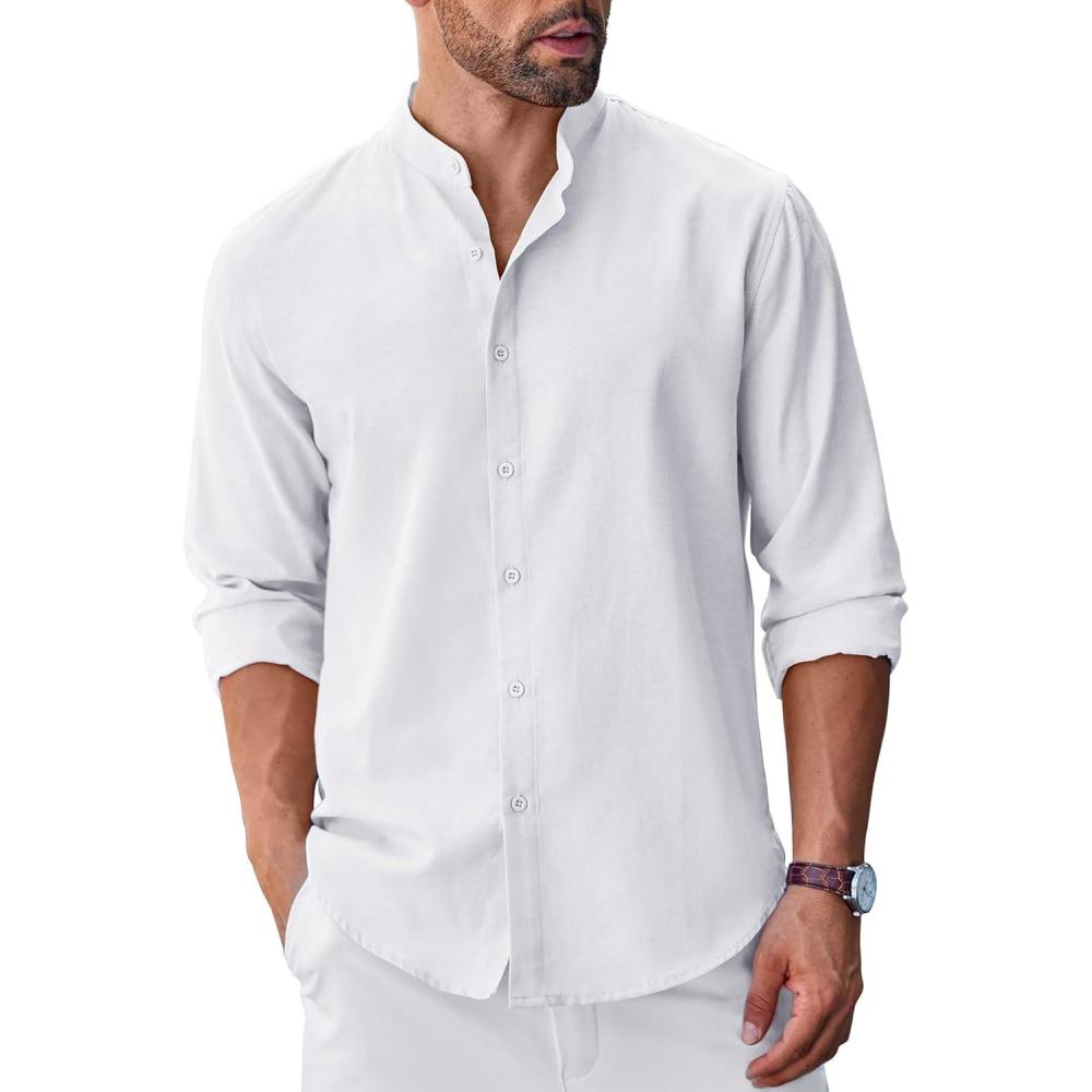 imageCOOFANDY Mens Long Sleeve Oxford Dress Shirts Chambray Button Down Shirt Casual Band Collar ShirtsWhite