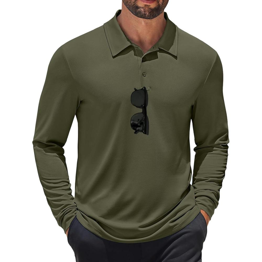 imageCOOFANDY Mens Long Sleeve Polo Shirts Quick Dry Moisture Wicking Lightweight Golf Shirts Casual Collared ShirtArmy Green
