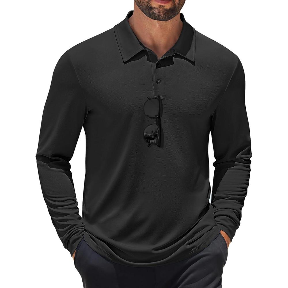 imageCOOFANDY Mens Long Sleeve Polo Shirts Quick Dry Moisture Wicking Lightweight Golf Shirts Casual Collared ShirtBlack